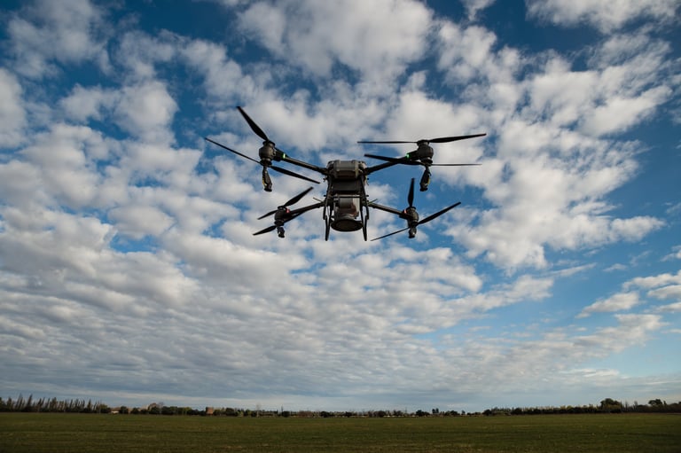 Agricultural drone spreading fertilizer