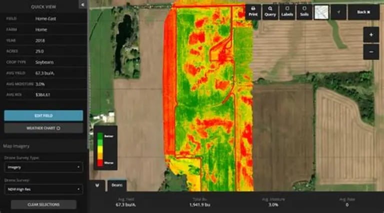 Thermal imaging software interface displaying an aerial crop health map with red, yellow, and green color zones indicating temperature variations across agricultural fields