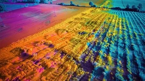 Aerial view of agricultural fields with vibrant rainbow-colored thermal imaging overlay showing temperature variations across crops